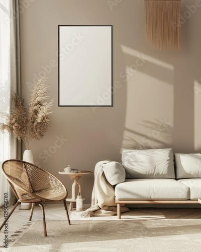 A minimalistic living room with a beige sofa. a wicker chair. a wooden side table. and a blank poster frame on the wall