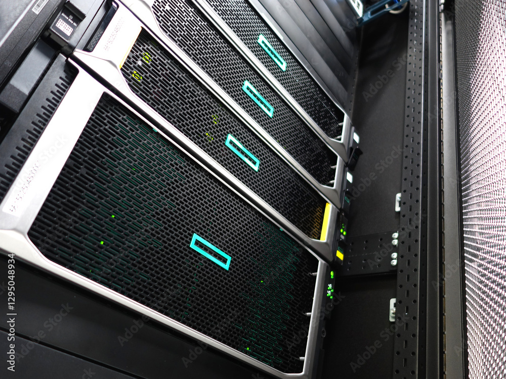 High-Performance Servers in Data Center Rack with LED Indicators