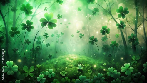 Enchanted Forest of Shamrocks A Mystical, Dreamlike Meadow Scene with Glowing Lights and Lush Greenery
