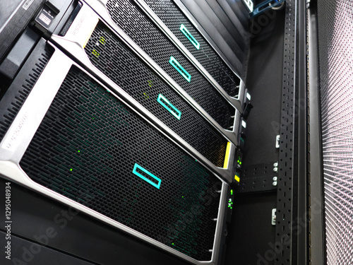 Obraz na płótnie High-Performance Servers in Data Center Rack with LED Indicators w salonie