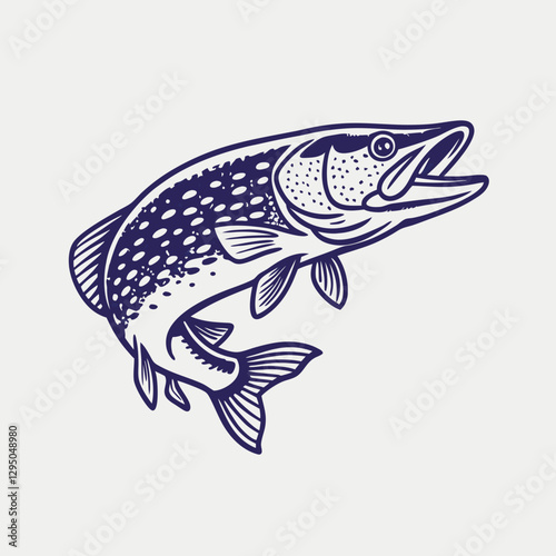 Detailed Vintage Fishing Illustration of a Jumping Pike Fish in Blue Ink for Outdoor and Sport Fishing Design
