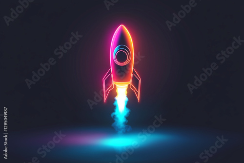 Neon rocket launching with glowing effect on a black background