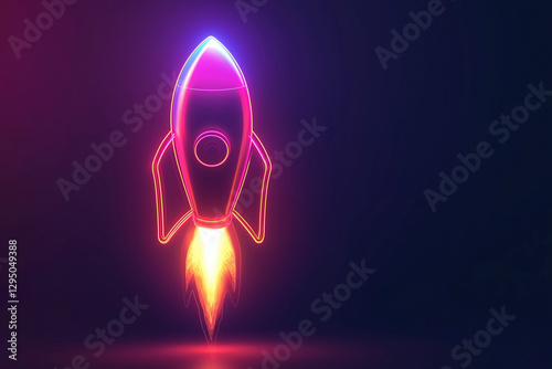 Futuristic digital glowing neon rocket launch icon isolated on a black background photo