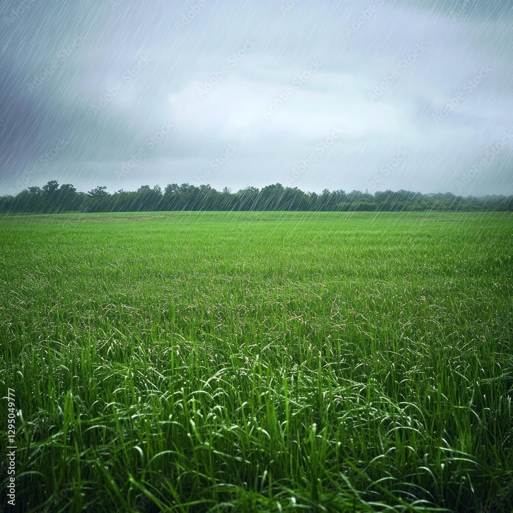 Fototapeta premium Lush green field under a rainy sky.