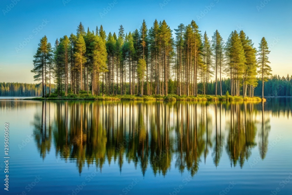Obraz premium Serene Island Vista A picturesque tranquil lake reflects a lush green island densely populated with tall evergreen trees at sunset