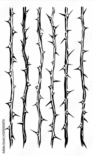 Hand-Drawn Black and White Thorny Vine Illustration with Sharp Spiky Branches for Decorative and Artistic Designs