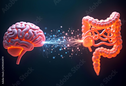 A glowing digital illustration represents the brain-gut axis, showing the connection between the brain and intestines through neural network-like lines.