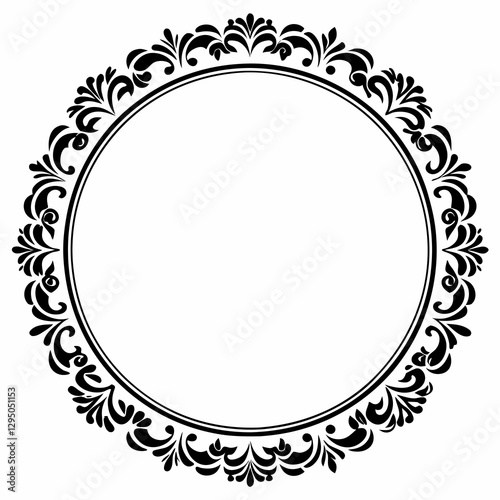 Elegant Circular Ornate Frame with Vintage Floral Decorations in Black and White for Invitations and Decorative Designs