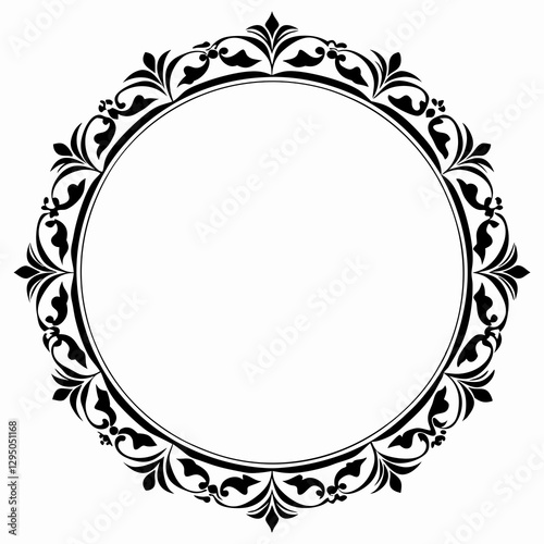 Elegant Circular Ornate Frame with Vintage Floral Decorations in Black and White for Invitations and Decorative Designs