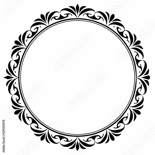 Elegant Circular Ornate Frame with Vintage Floral Decorations in Black and White for Invitations and Decorative Designs