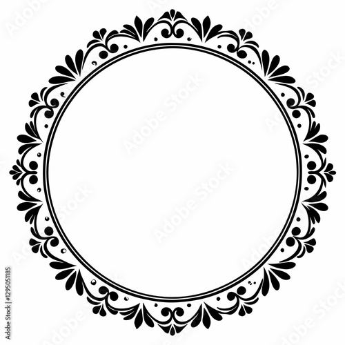 Elegant Circular Ornate Frame with Vintage Floral Decorations in Black and White for Invitations and Decorative Designs