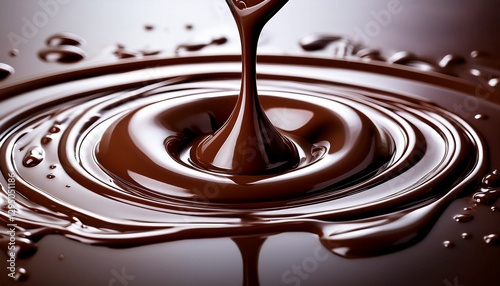 Close-up of slow-motion chocolate drizzle, showcasing velvety smooth liquid forming intricate patterns, highlighting the rich texture and glossy shine.
