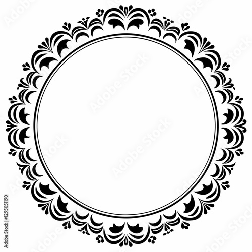 Elegant Circular Ornate Frame with Vintage Floral Decorations in Black and White for Invitations and Decorative Designs