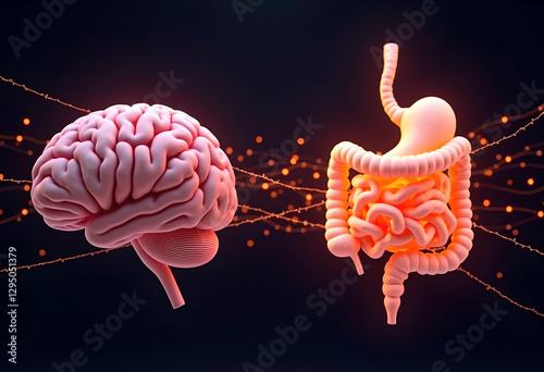 A glowing digital illustration represents the brain-gut axis, showing the connection between the brain and intestines through neural network-like lines.