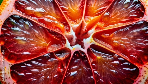 Macro shot of a blood orange slice, showcasing deep red juice sacs and bright citrus rind, highlighting the vibrant color and juicy texture. photo