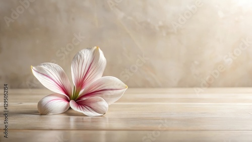 A single delicate blossom rests on a light wooden surface, set against a subtly textured background, conveying serenity and natural beauty