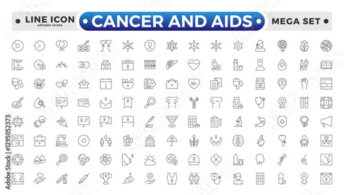 Cancer and AIDS icon set. Containing tumor, oncology, chemotherapy, biopsy, radiotherapy, ribbon, breast cancer, remission and more. Editable stroke outline icon.
