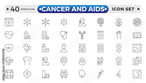 Cancer and AIDS icon set. Containing tumor, oncology, chemotherapy, biopsy, radiotherapy, ribbon, breast cancer, remission and more. Editable stroke outline icon.
