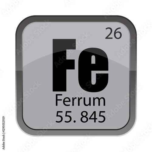 Fe Ferrum symbol from table. Number 26 twentysix. Mass 55.845 fifty five point eight four five fact. Shiny metal block.