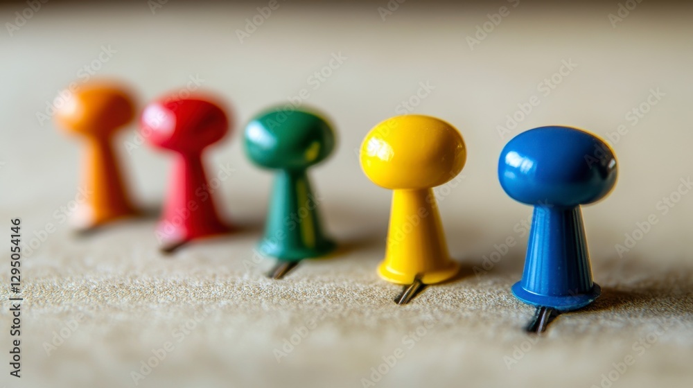 Colorful Push Pins Arranged in a Row on a Light Background Colorful Push Pins Arranged in a Row on a Light Background