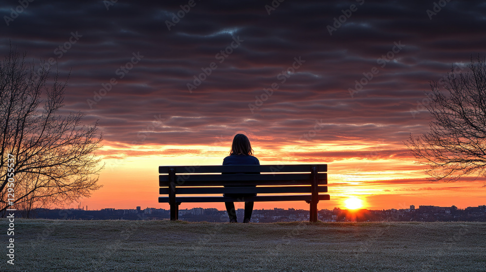 Solitary teenager sitting on park bench gazing at distant sunset, surrounded by empty space, symbolizing isolation and introspection. Youthful reflection and emotional solitude concept.