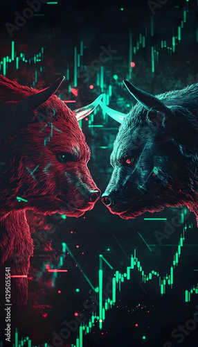 Abstract crypto bear and bull with red and green charts for market trends  - 