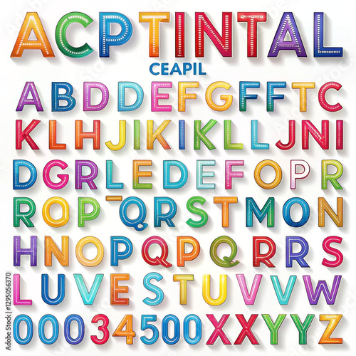Colorful 3D alphabet letters and numbers with drop shadow.