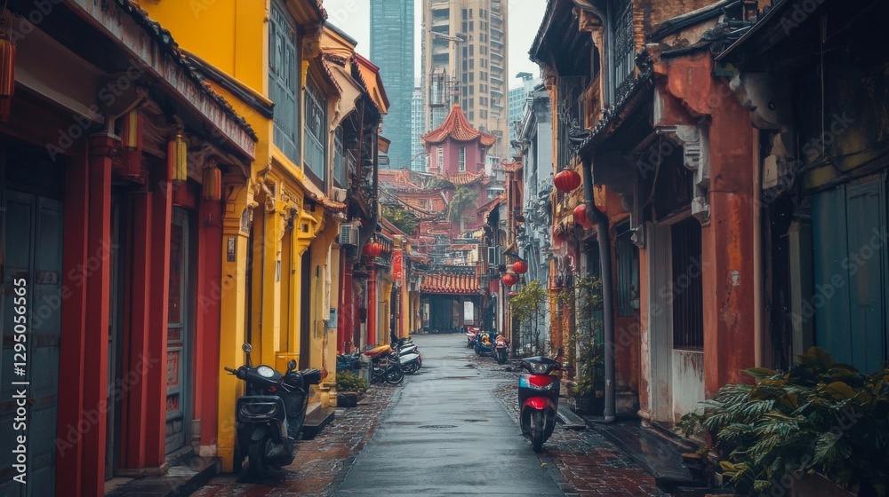 Fototapeta premium Vibrant street scene in a historic district with colorful buildings and scooters under a cloudy sky