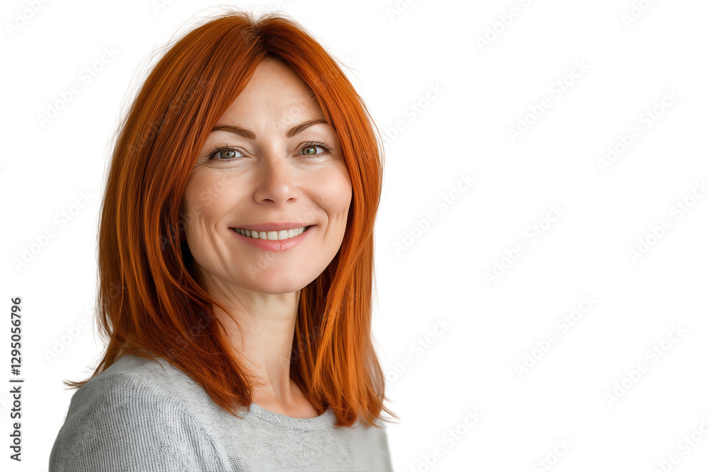 Close-up portrait of a beautiful mature woman with red hair, smiling on face, isolated on transparent background Close-up portrait of a beautiful mature woman with red hair, smiling on face, isolated on transparent background