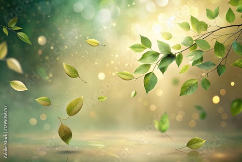Serene Green Leaves Floating Gently on a Soft Breeze, Illuminated by a Warm, Golden Light, Evoking Tranquility and the Beauty of Nature