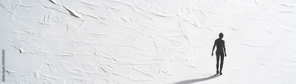Obraz premium A small, shadowy black figure stands confidently in front of a stark, bright white wall, creating contrast.