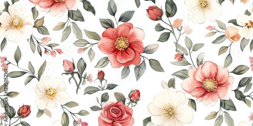 Wallpaper Mural Elegant Floral Pattern with Hand-Drawn Red and White Roses on White Background Torontodigital.ca