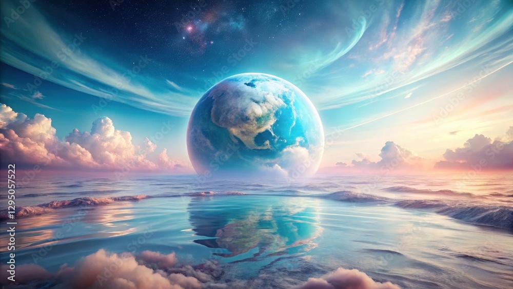 A Serene Celestial Sphere Hovering Over a Tranquil Ocean, Reflected in the Calm Waters Below, Under a Dreamlike Sky with Pastel Clouds and Distant Stars A Serene Celestial Sphere Hovering Over a Tranquil Ocean, Reflected in the Calm Waters Below, Under a Dreamlike Sky with Pastel Clouds and Distant Stars