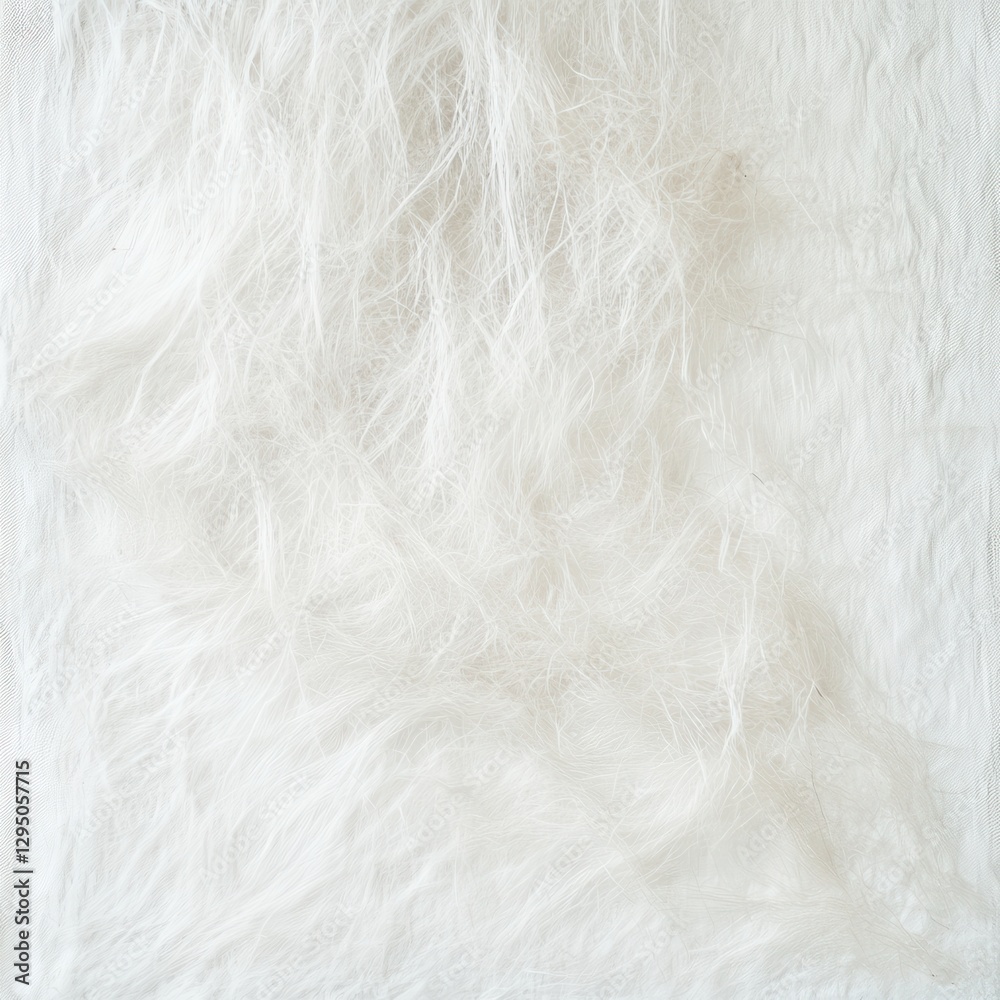 Obraz premium A soft, textured white fur background features a small, fluffy dog comfortably sprawled out, resting peacefully.