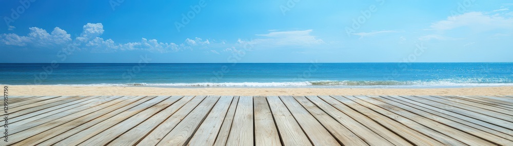 A spacious wooden deck with weathered planks overlooks the sparkling ocean and a sandy beach below. A spacious wooden deck with weathered planks overlooks the sparkling ocean and a sandy beach below.