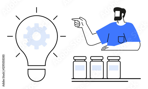 Man pointing at light bulb with gear inside, next to three containers. Ideal for themes of innovation, decision-making, creativity, strategy, new ideas, technological solutions leadership. Simple