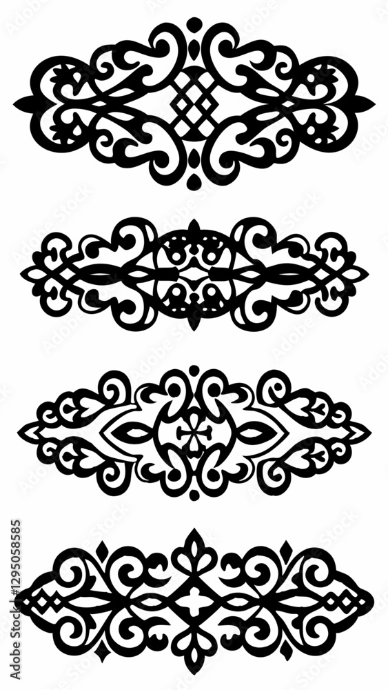 Fototapeta premium Set of ornate decorative black floral border designs with intricate swirls