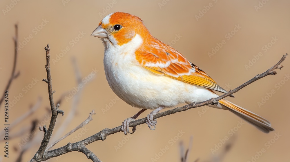 Fototapeta premium Orange and white canary perched on a branch, nature background