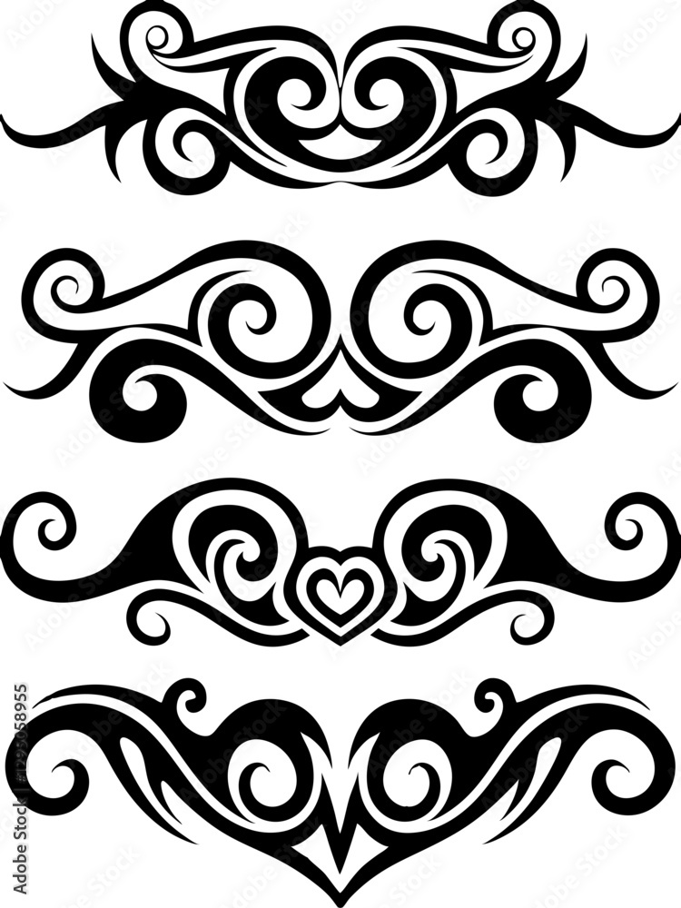 Beautiful tribal heart designs with elegant swirls, perfect for tattoos and decorative art Beautiful tribal heart designs with elegant swirls, perfect for tattoos and decorative art