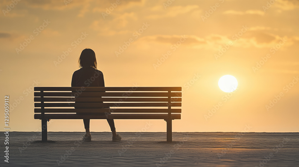 Solitary teenager sitting on park bench gazing at distant sunset, surrounded by empty space, symbolizing isolation and introspection. Youthful reflection and emotional solitude concept. Solitary teenager sitting on park bench gazing at distant sunset, surrounded by empty space, symbolizing isolation and introspection. Youthful reflection and emotional solitude concept.