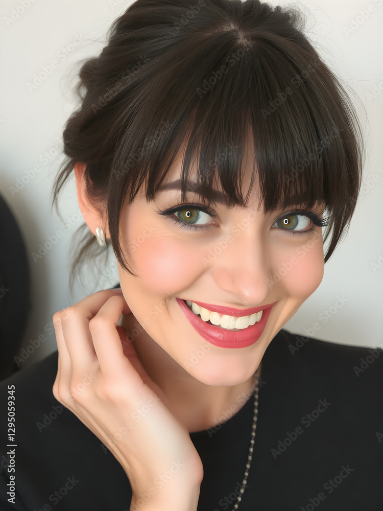Una mujer de mirada intensa, cabello negro y flequillo, con una sonrisa hipnótica. Una mujer de mirada intensa, cabello negro y flequillo, con una sonrisa hipnótica.