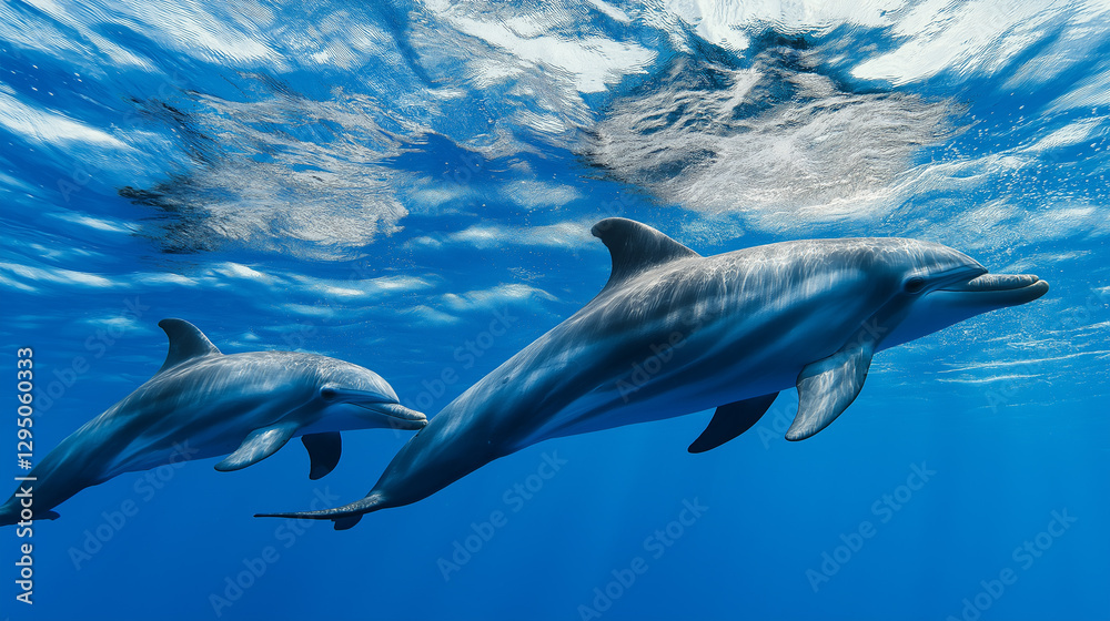 Obraz premium Playful Dolphins Gliding Underwater in a Tropical Marine Habitat