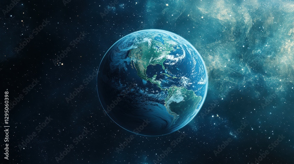 Obraz premium A stunning image of a vibrant planet floating in the vastness of space, surrounded by countless twinkling stars.