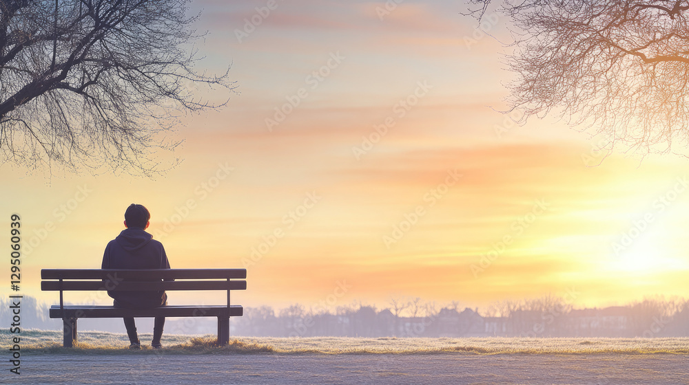 Solitary teenager sitting on park bench gazing at distant sunset, surrounded by empty space, symbolizing isolation and introspection. Youthful reflection and emotional solitude concept. Solitary teenager sitting on park bench gazing at distant sunset, surrounded by empty space, symbolizing isolation and introspection. Youthful reflection and emotional solitude concept.