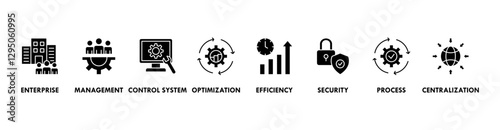 Industrial control system banner web icon vector illustration concept with icon of enterprise, management, control system, optimization, efficiency, security, process, centralization