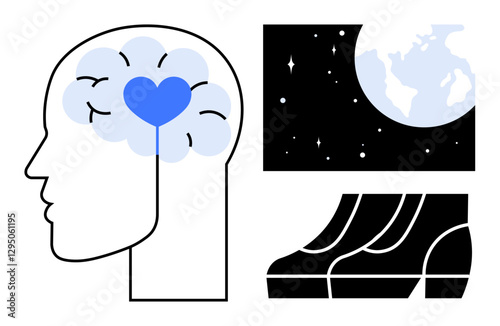 Human head with heart in brain, Earth seen from space, and pair of shoes. Ideal for themes of mental health, love, global awareness, space exploration, travel curiosity self-discovery. Abstract