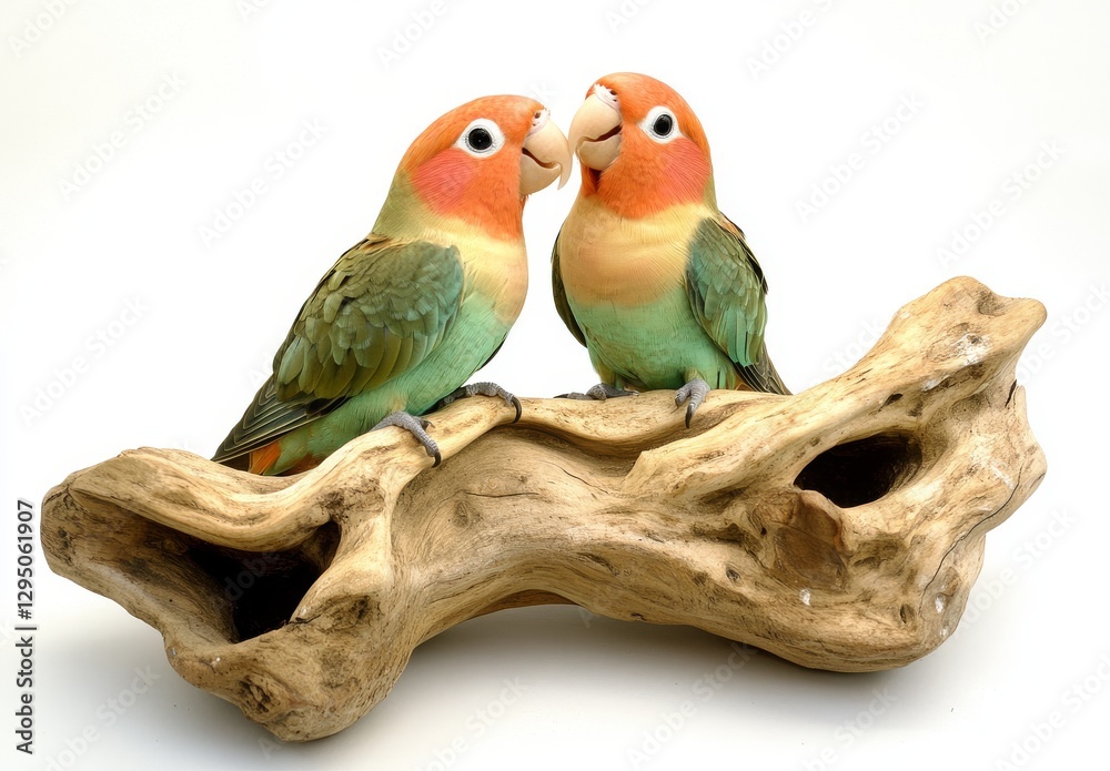 Naklejka premium Two lovebirds perched on driftwood isolated on white background