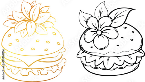 Botanical Flower Infused Burger Slices Line Art Book Vector Design