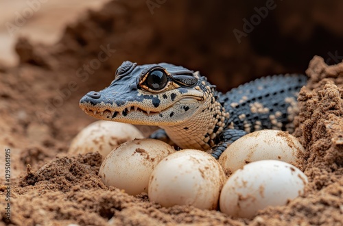 Close-Up of a Baby Crocodile Nesting Among Freshly Laid Eggs in Natural Habitat with Detail in Sand and Texture Highlighting Nature’s Wonders