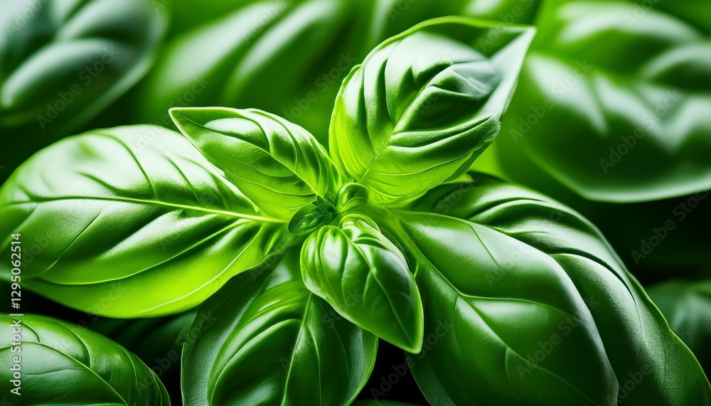 Obraz premium Macro shot of fresh basil leaves, showcasing intricate veins and a rich green color, highlighting the vibrant freshness and detailed texture.